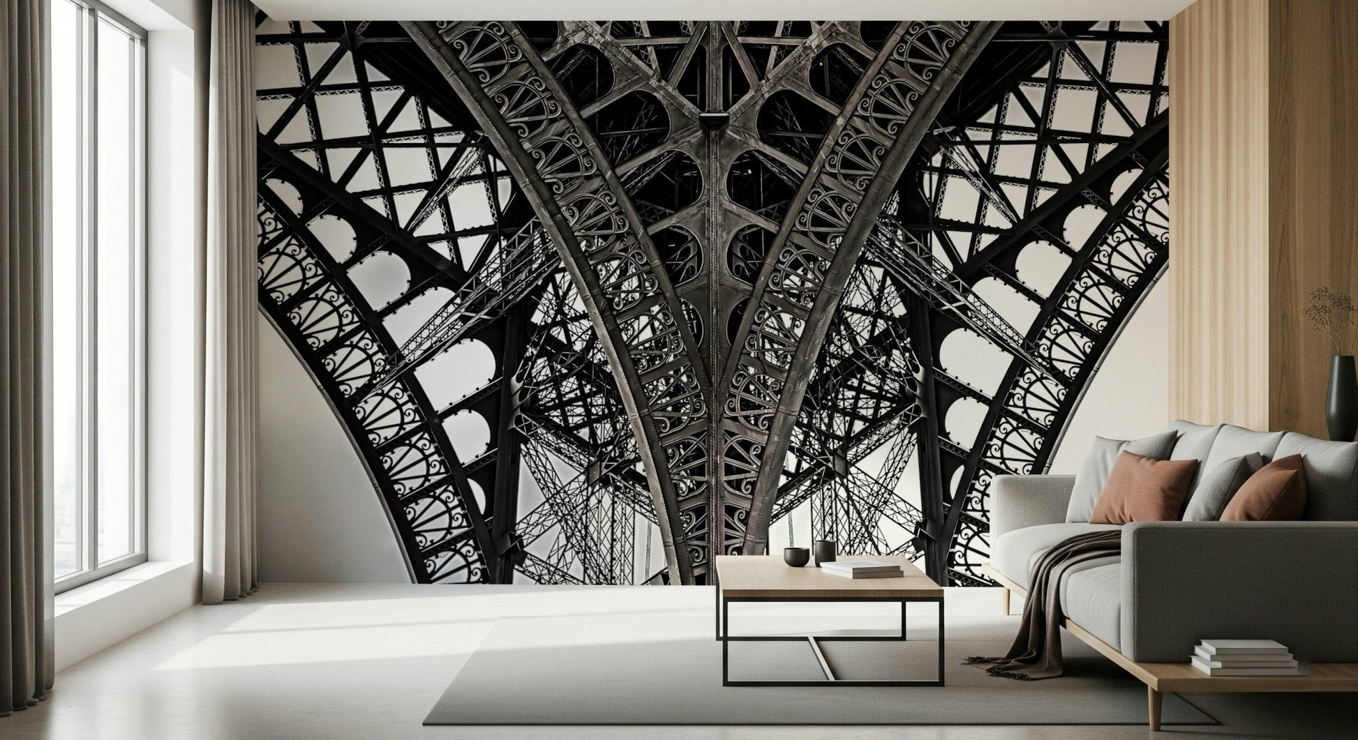 Modern bedroom with Eiffel wallpaper mural, muted tones, cityscape behind bed