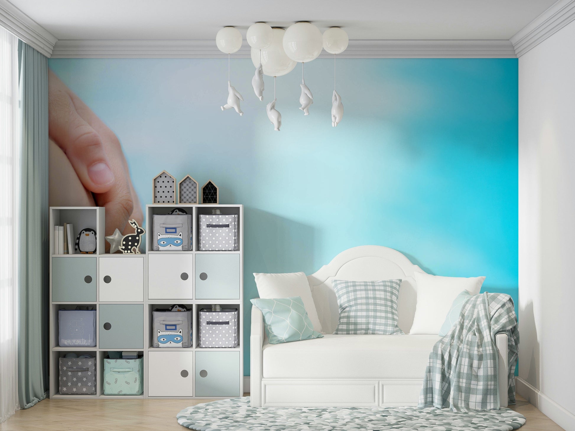 A peaceful seaside view mural on decorative wallpaper.

