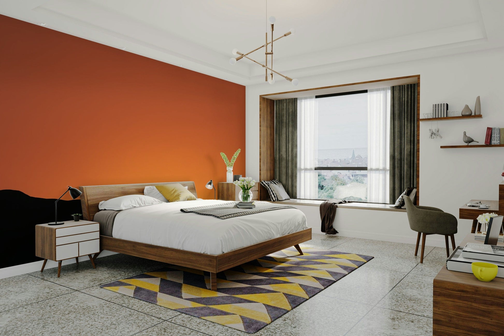 A living room with the mountain landscape wall mural.

