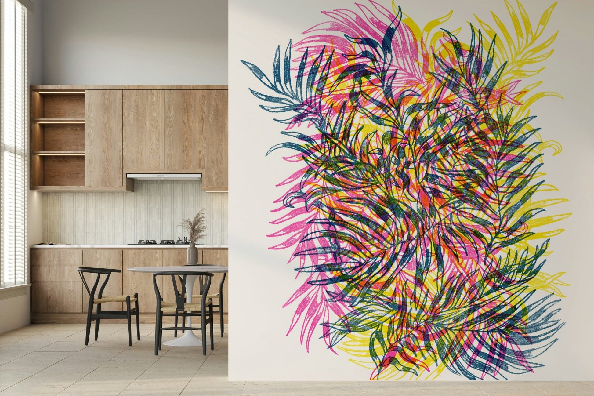 Neon Jungle Wall Mural – Colorful, dynamic wallpaper with glowing leaves, vines, and tropical flora.