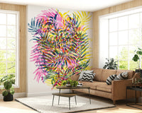 Electric Jungle Decorative Wall Mural – Dynamic, artistic wallpaper featuring neon tropical leaves and jungle patterns.