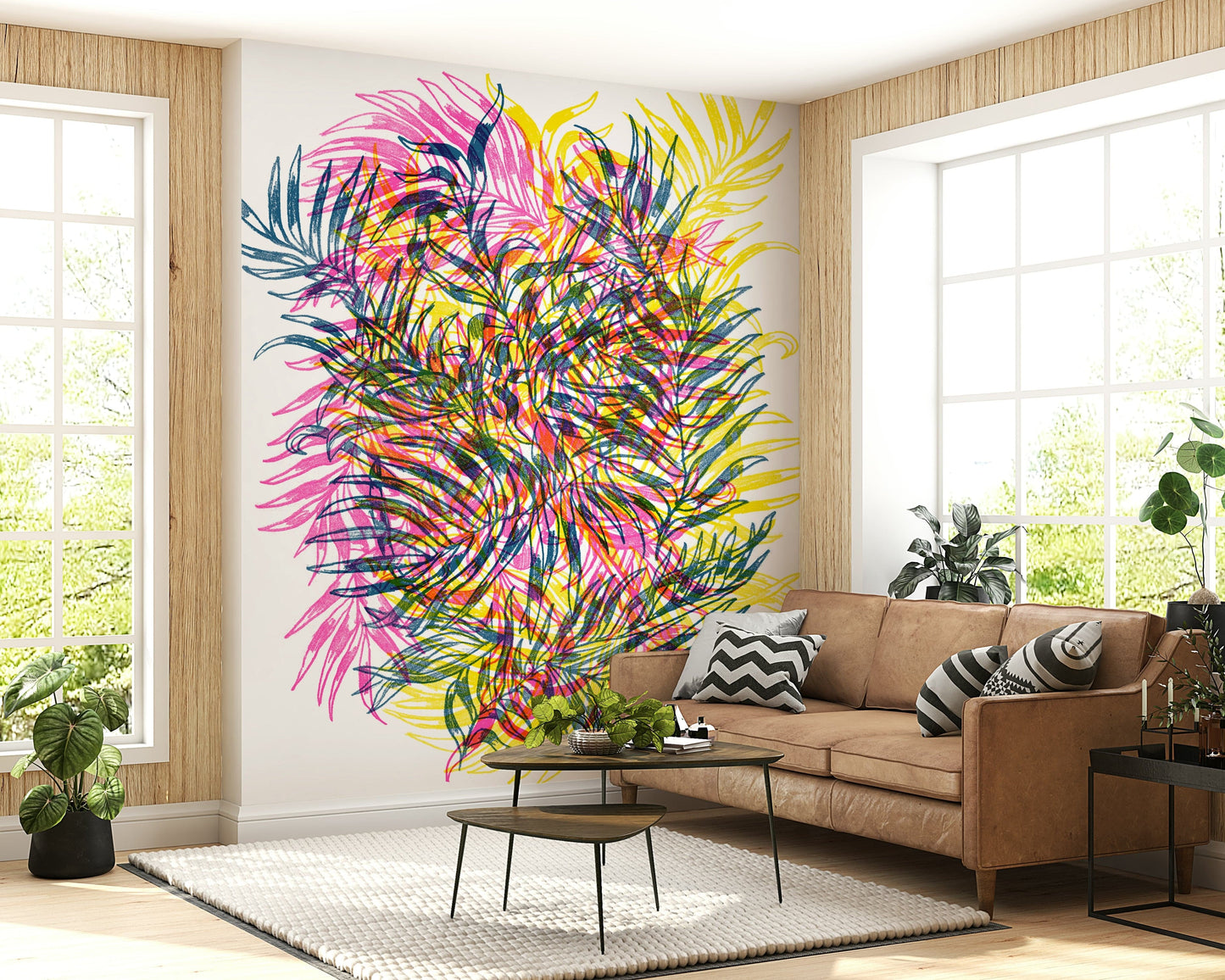 Electric Jungle Decorative Wall Mural – Dynamic, artistic wallpaper featuring neon tropical leaves and jungle patterns.