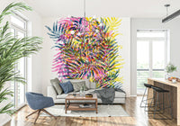 Vibrant Jungle Wall Mural – Decorative mural with tropical leaves and exotic plants in electric hues.
