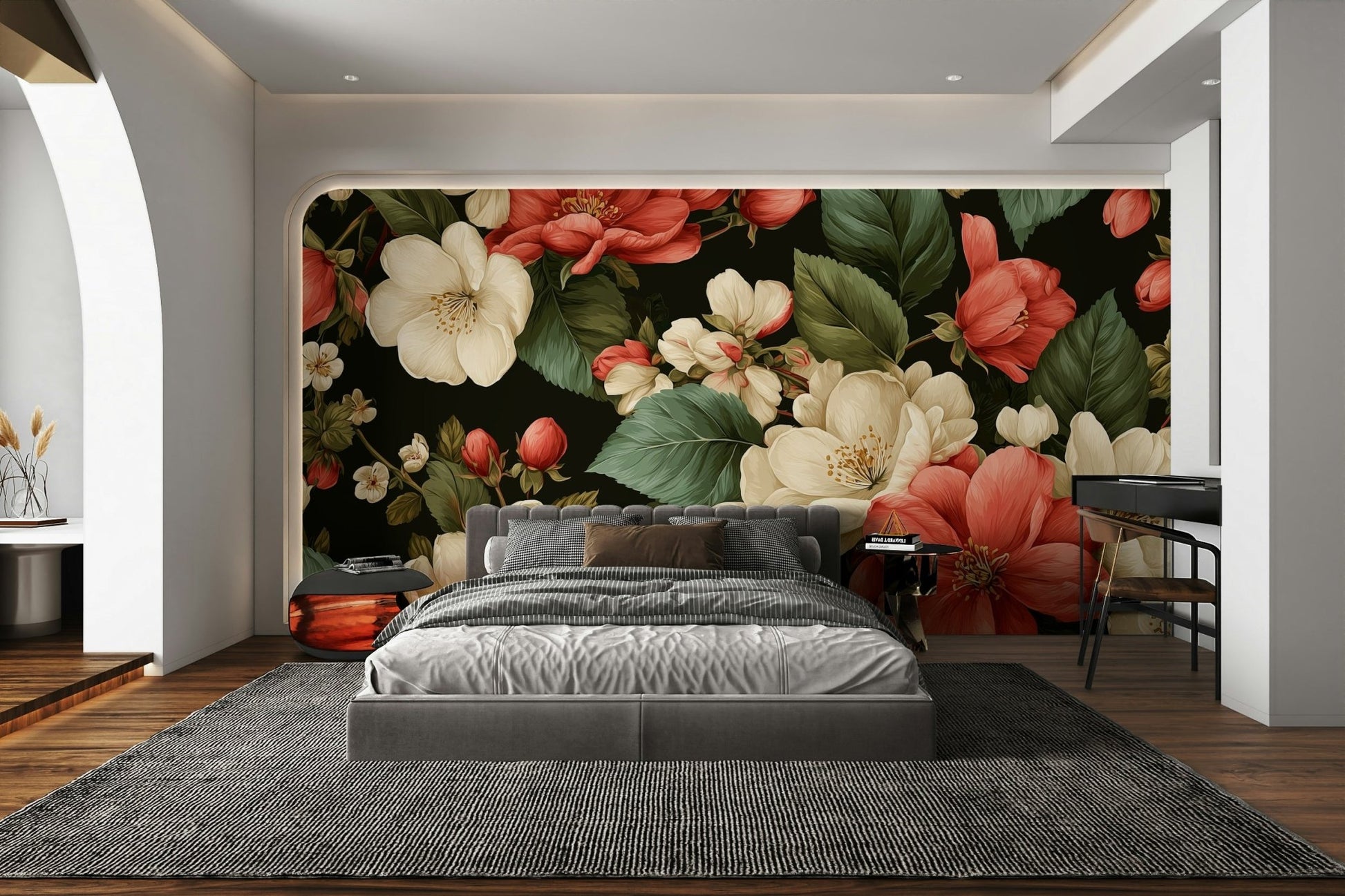 Features graceful and refined blooming flowers.
