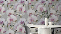 Luxurious orchid floral wall mural on soft, neutral background.

