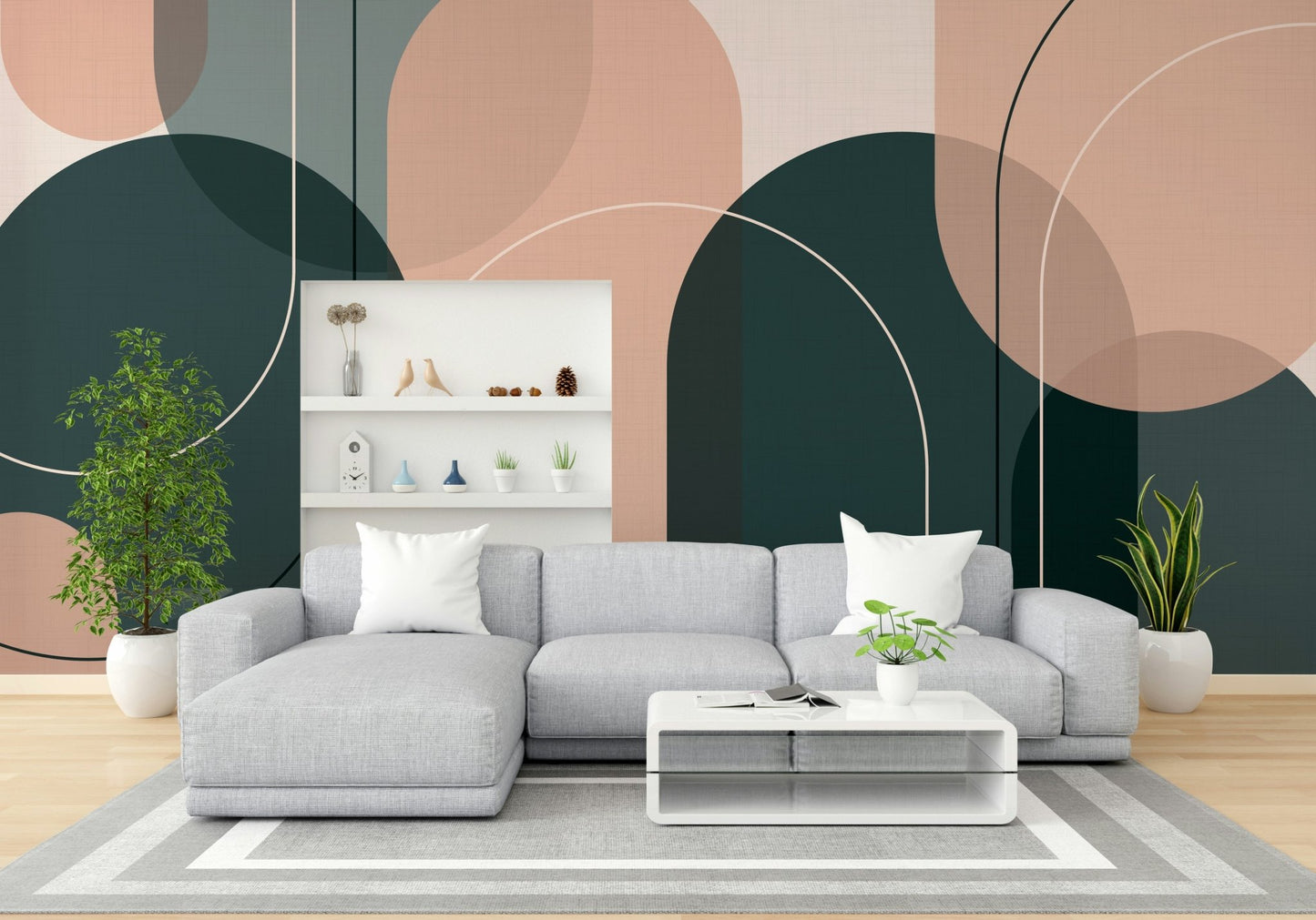 Elegant Arches Soft Tones wallpaper mural in blush and dark teal behind a gray sectional sofa in a living room
