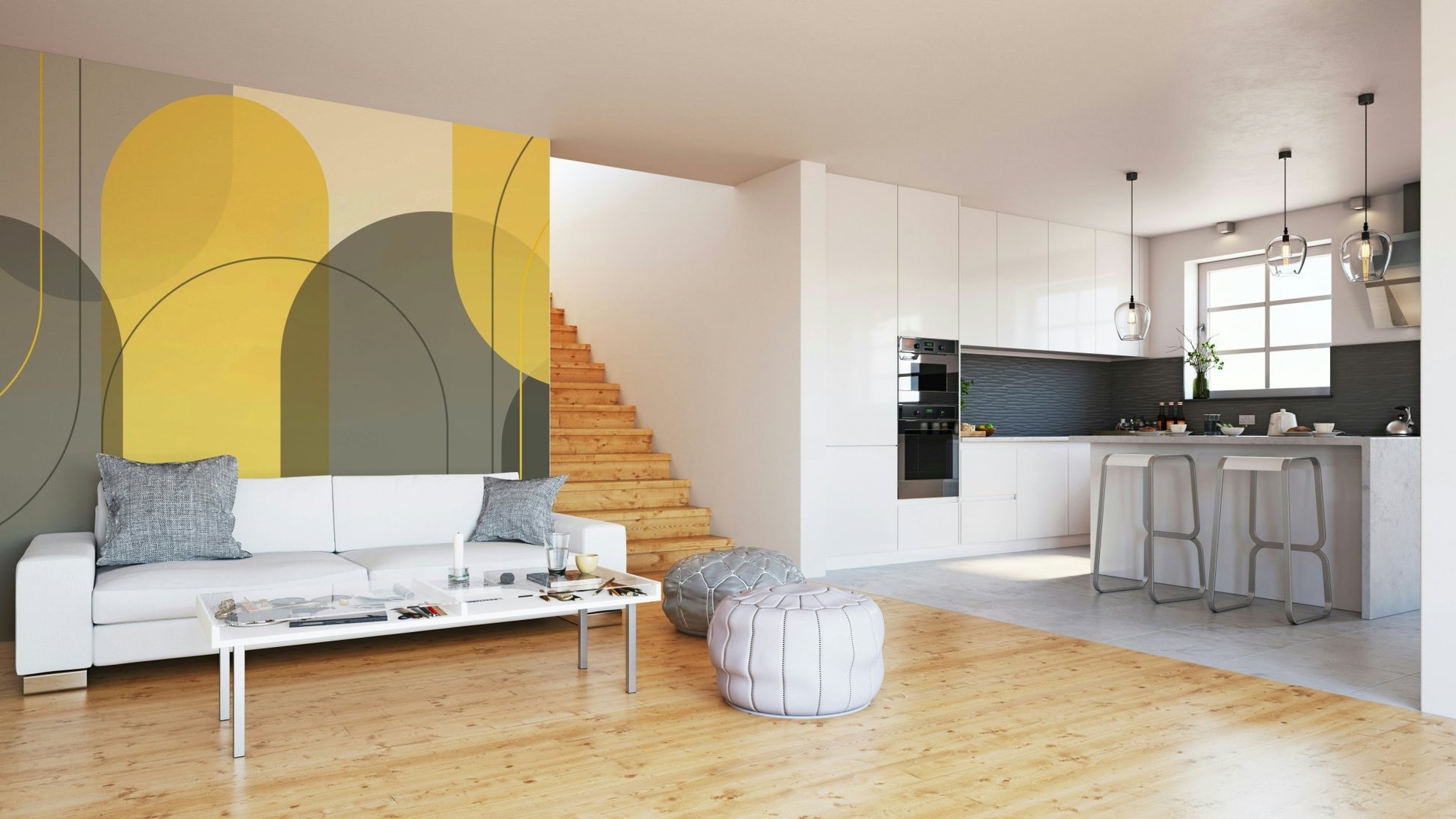 Yellow-toned abstract arches on taupe backdrop

