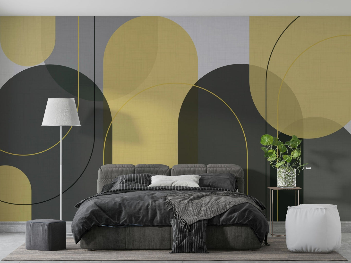 Geometric curved arches mural in mustard and grey

