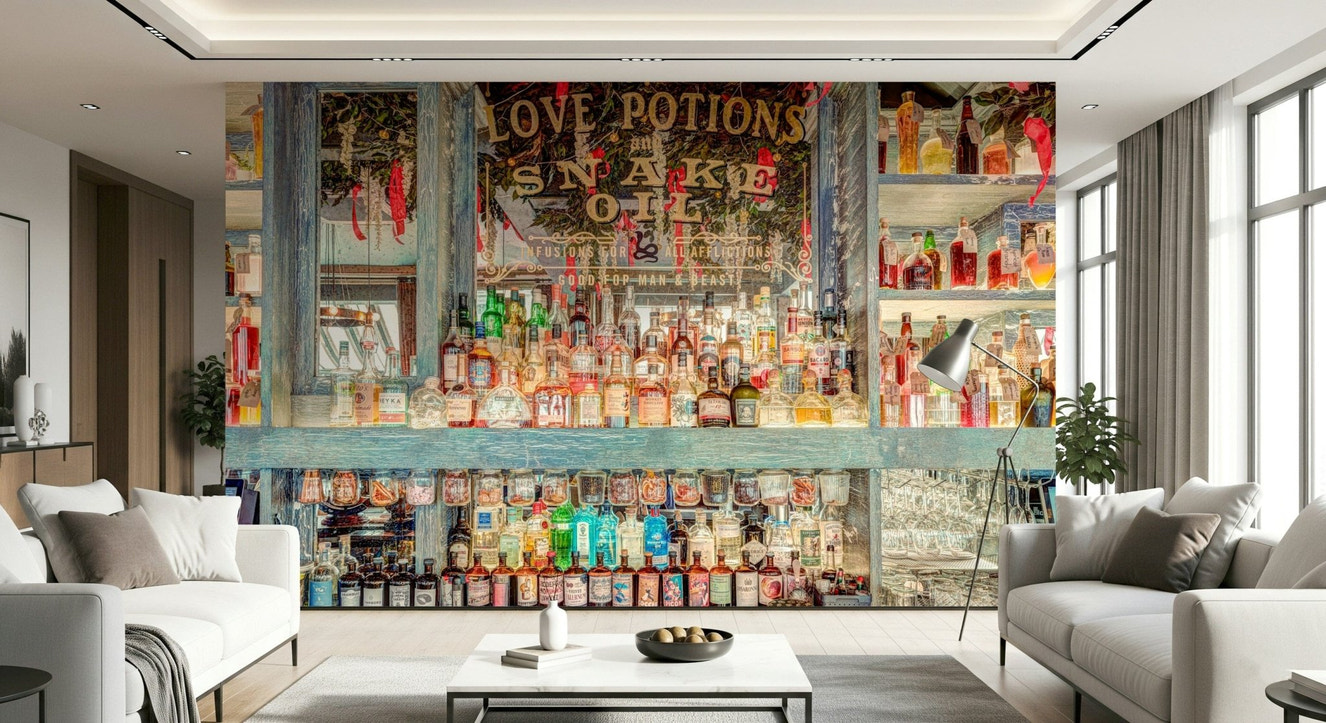 Elegant Bar Interior Wall Décor Captivating display of potions and bottles.