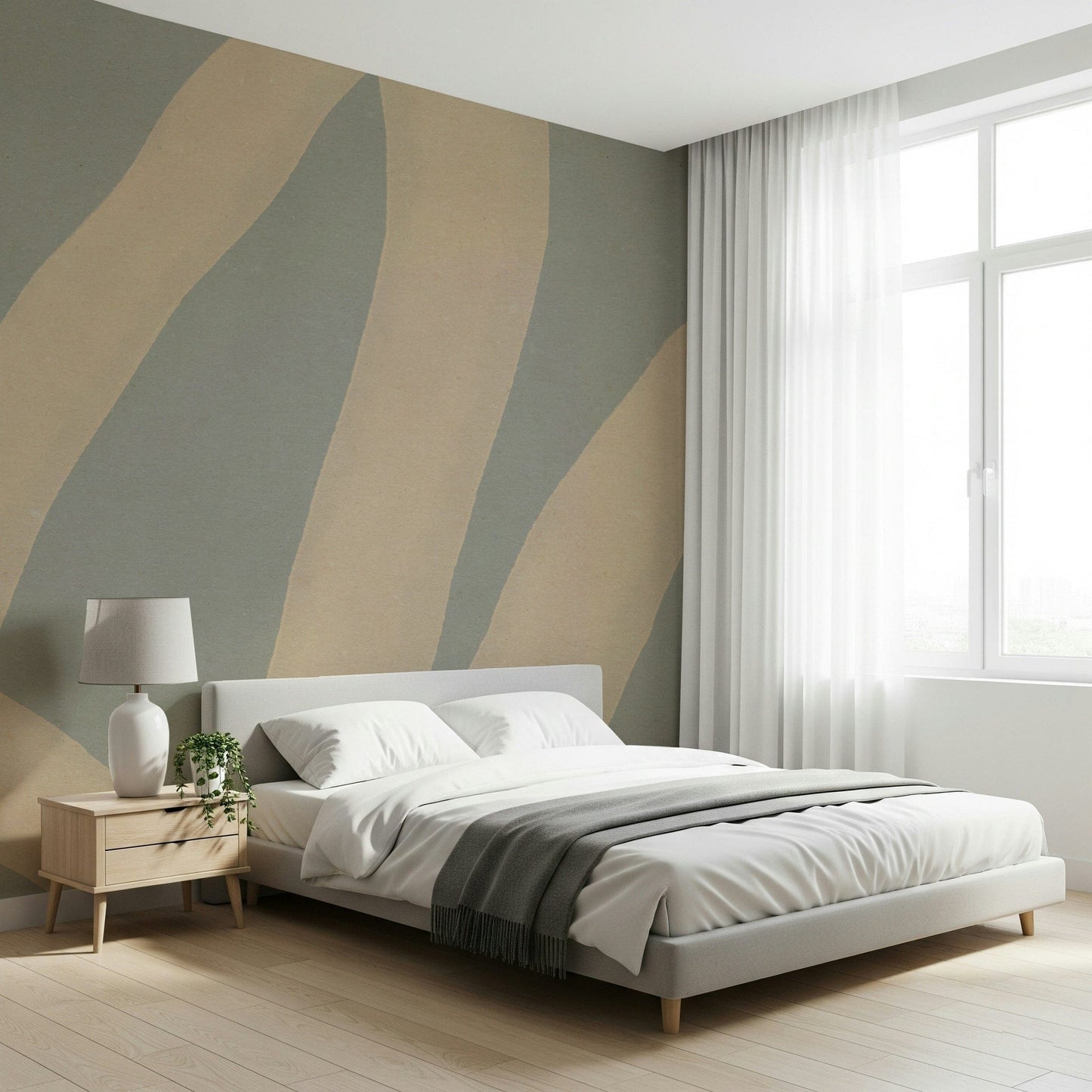 A contemplative fluid design wallpaper mural for a feature wall.
