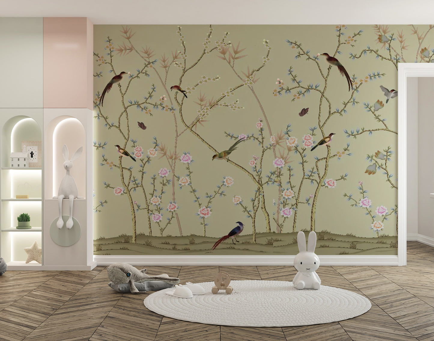 Vibrant tropical bird wallpaper mural with lush green garden foliage.