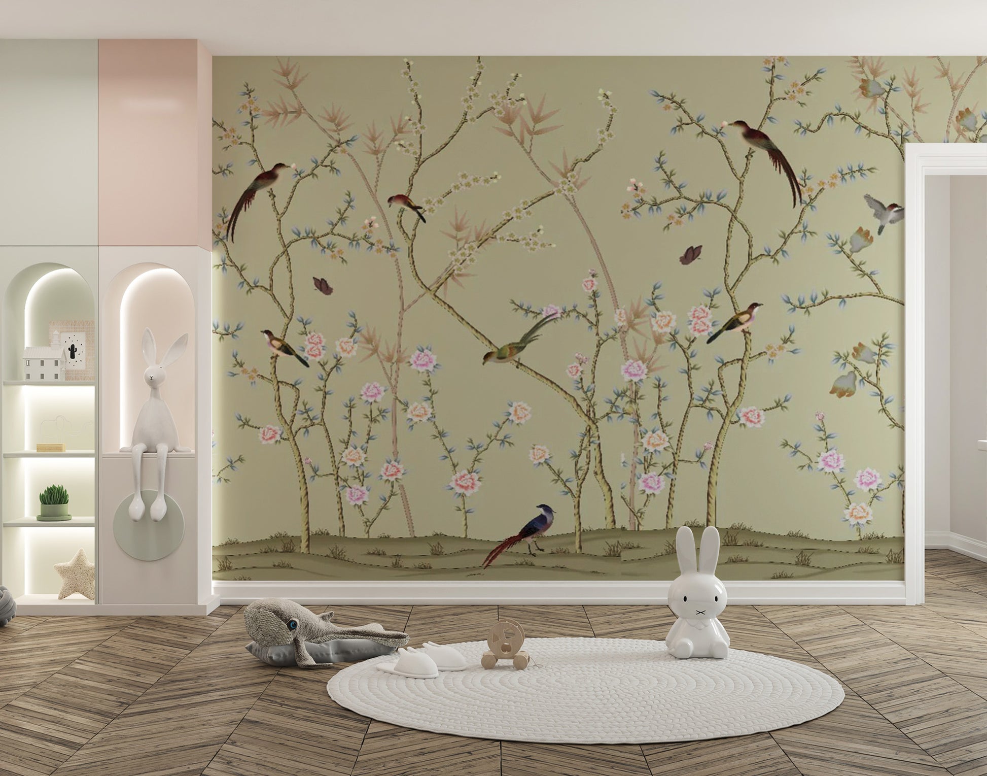 Vibrant tropical bird wallpaper mural with lush green garden foliage.