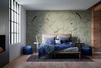 Chinoiseries Birds wallpaper mural as a feature wall in a home office workspace in green tones