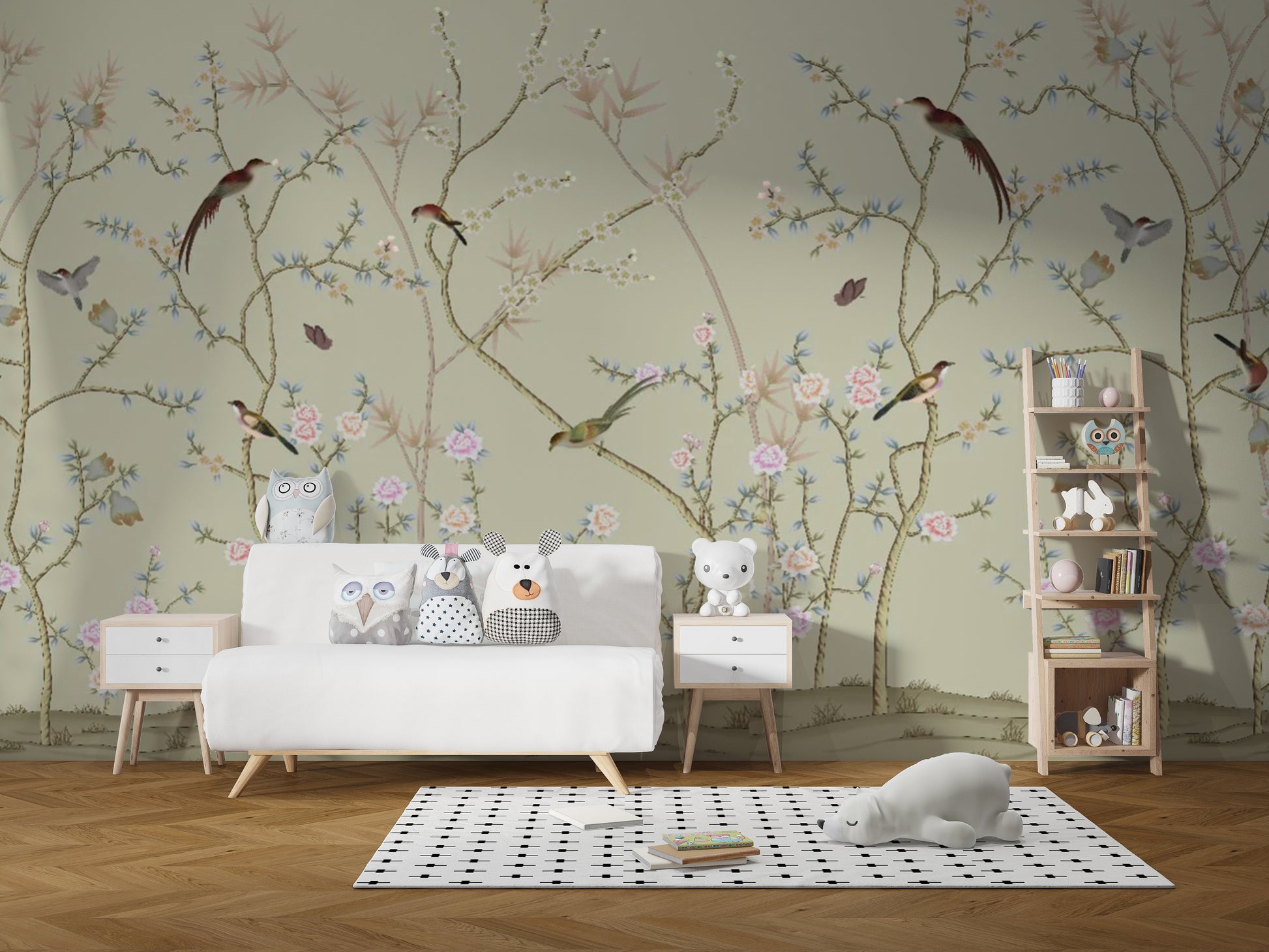 Traditional ink wash style wall mural with sparrows and bamboo leaves.