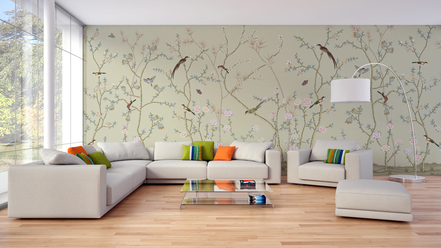 Elegant silk effect living room wall mural featuring hand-painted songbirds and vines.