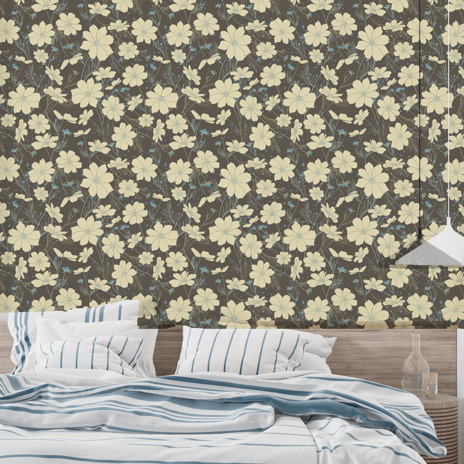 Guest bedroom using peel and stick Cosmos Flower Gray Wallpaper for a simple and beautiful interior upgrade.