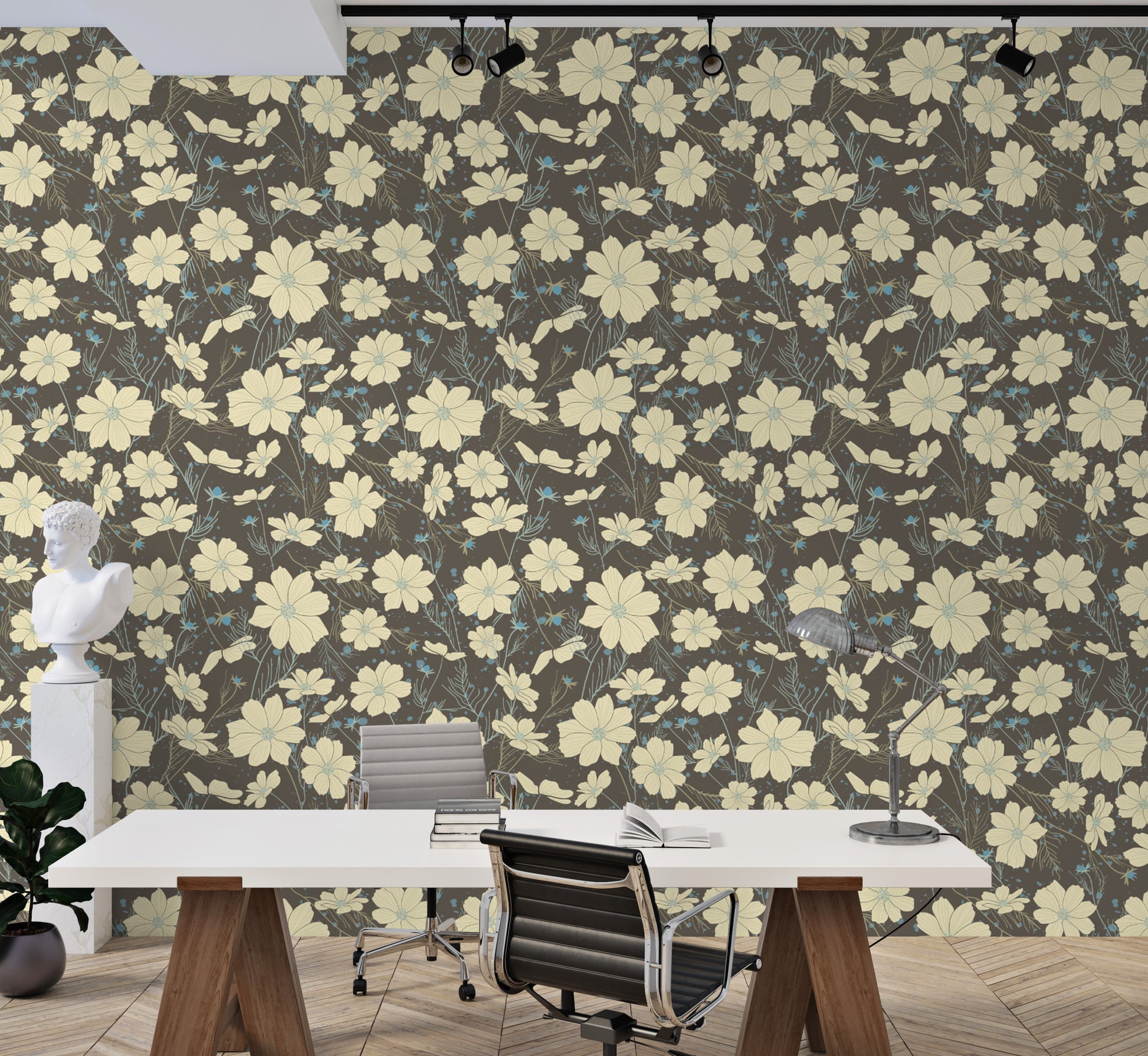 Home office with standard Cosmos Flower Gray Wallpaper for a professional and calming nature-inspired backdrop.