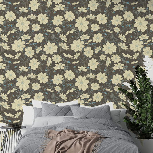 Bedroom featuring Cosmos Flower Gray Wallpaper on canvas material for a textured and artistic wall finish.
