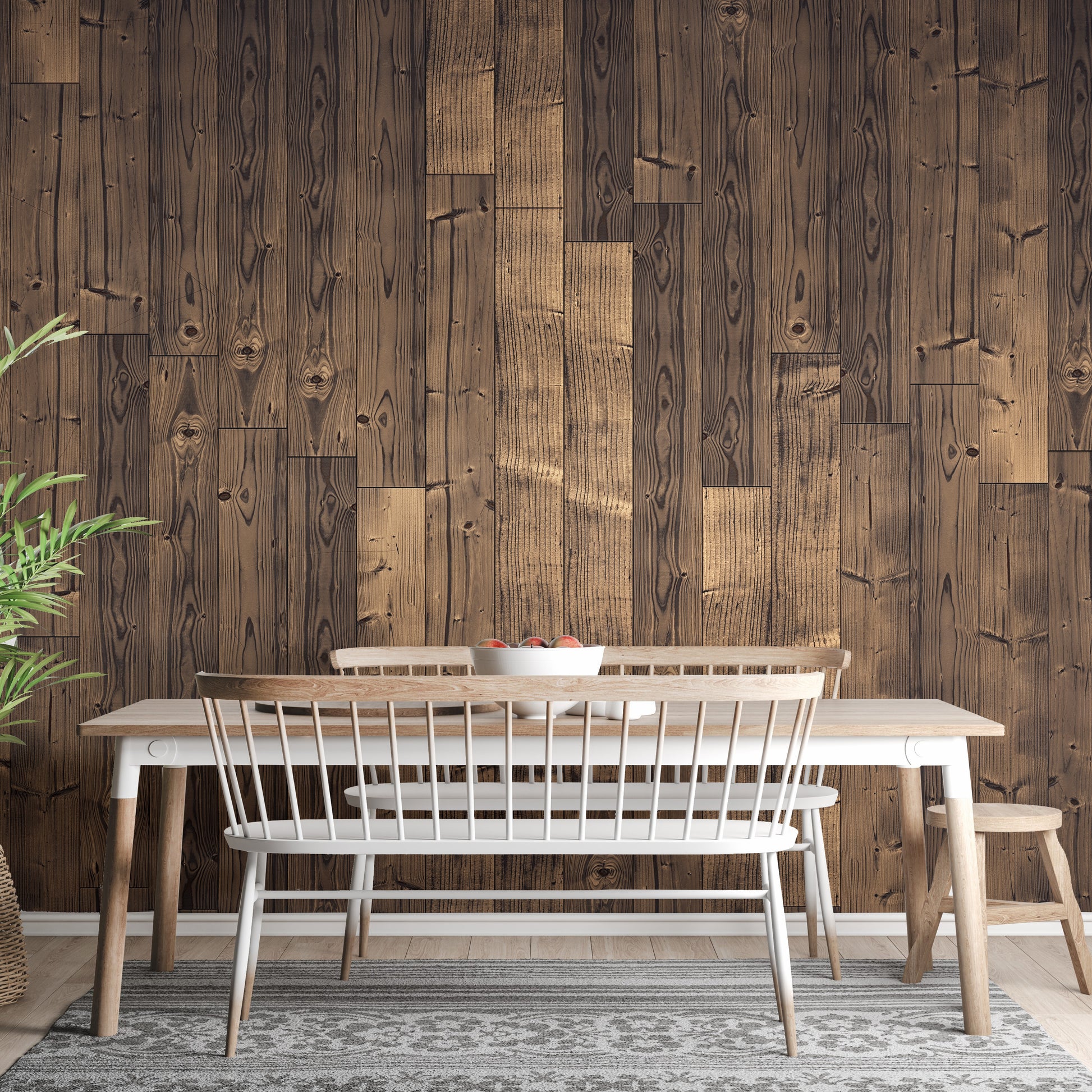 Elegant Solid Dark Brown Oak Wood wallpaper mural styled along a hallway feature wall near a console in brown tones