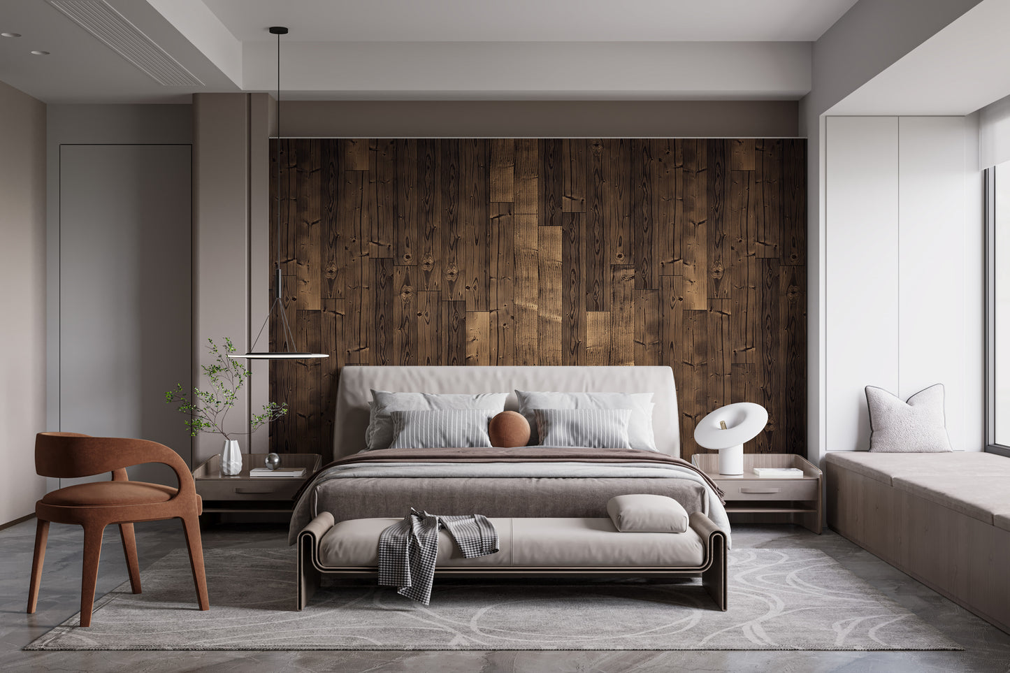 Elegant Solid Dark Brown Oak Wood wallpaper mural as a feature wall in a home office workspace in brown tones