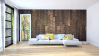 Elegant Solid Dark Brown Oak Wood wallpaper mural styled as a feature wall behind a dining table and chairs in brown tones