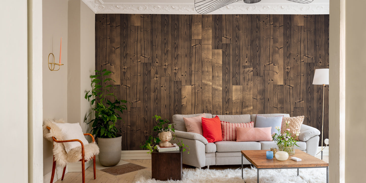 Elegant Solid Dark Brown Oak Wood wallpaper mural styled as a living room feature wall behind a sofa and seating