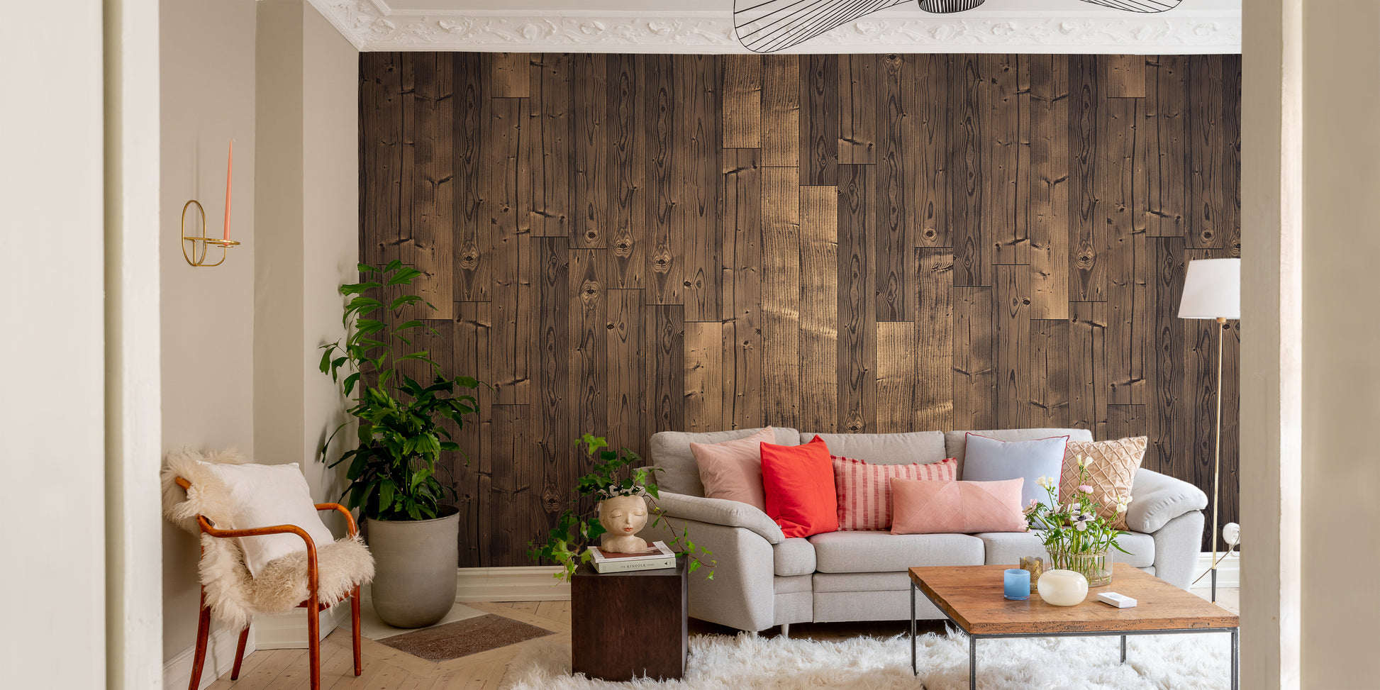 Elegant Solid Dark Brown Oak Wood wallpaper mural styled as a living room feature wall behind a sofa and seating