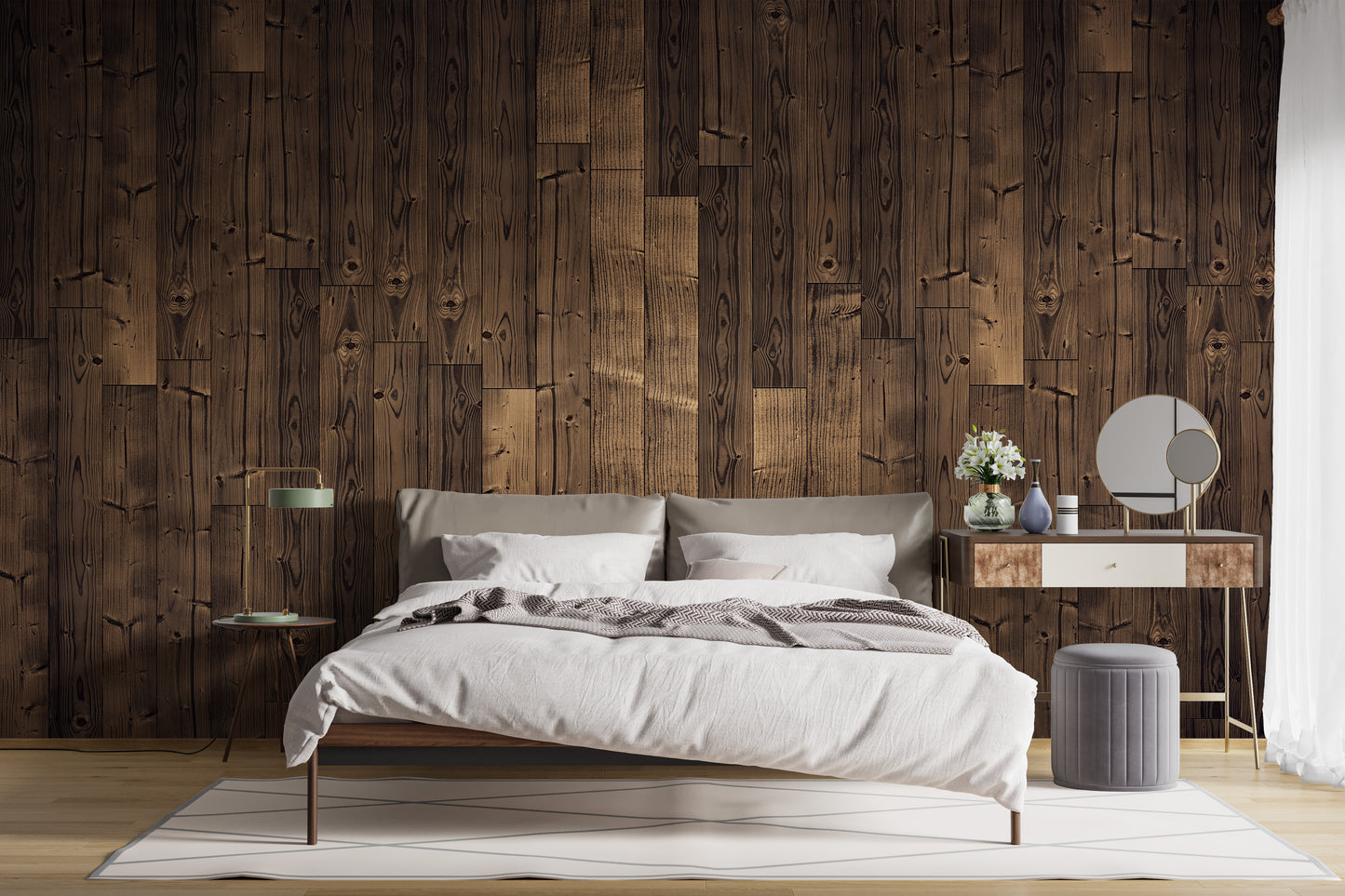 Elegant Solid Dark Brown Oak Wood wallpaper mural as a feature wall in a bright, contemporary living room in brown tones