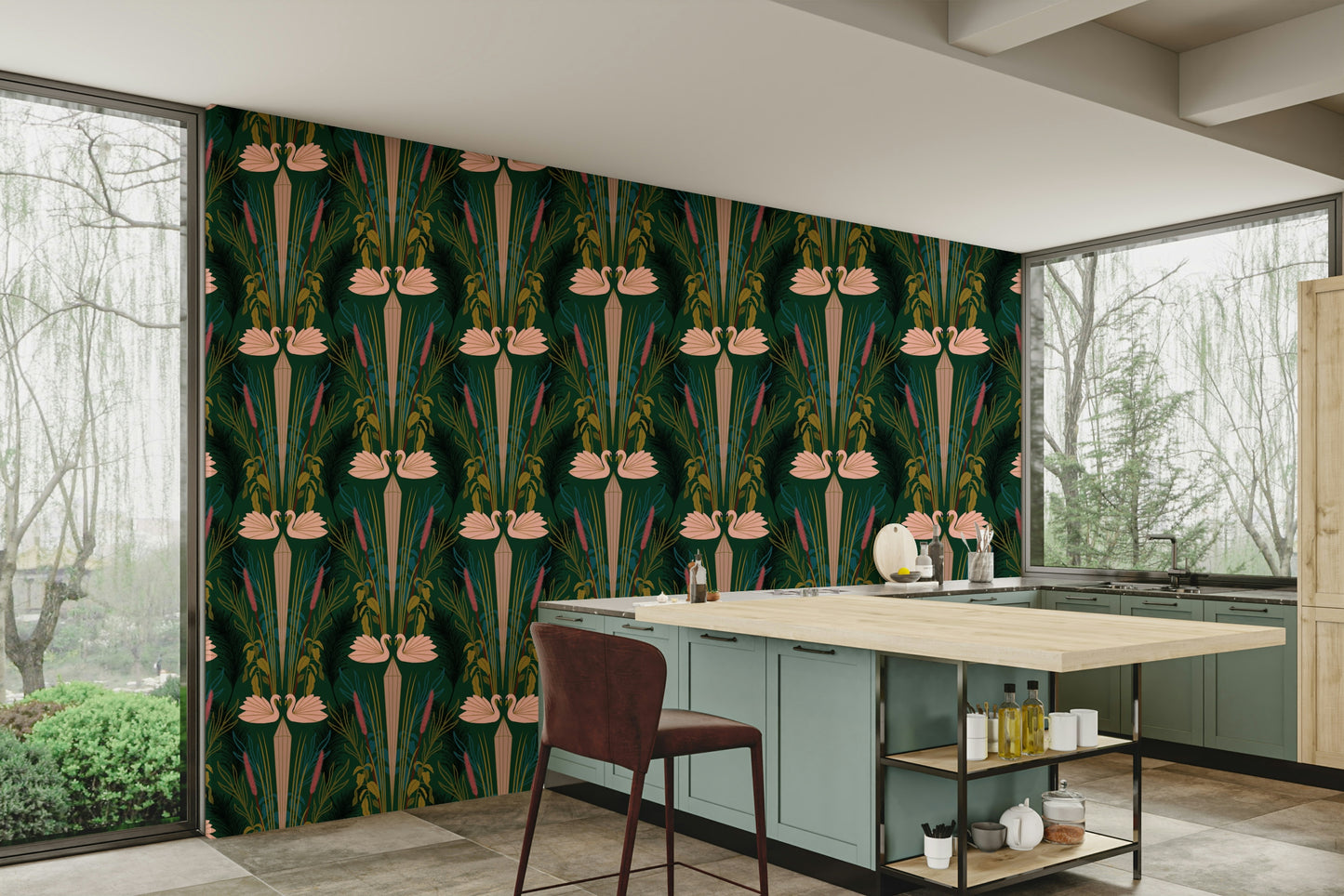 Stylish room with repeating swan art wallpaper

