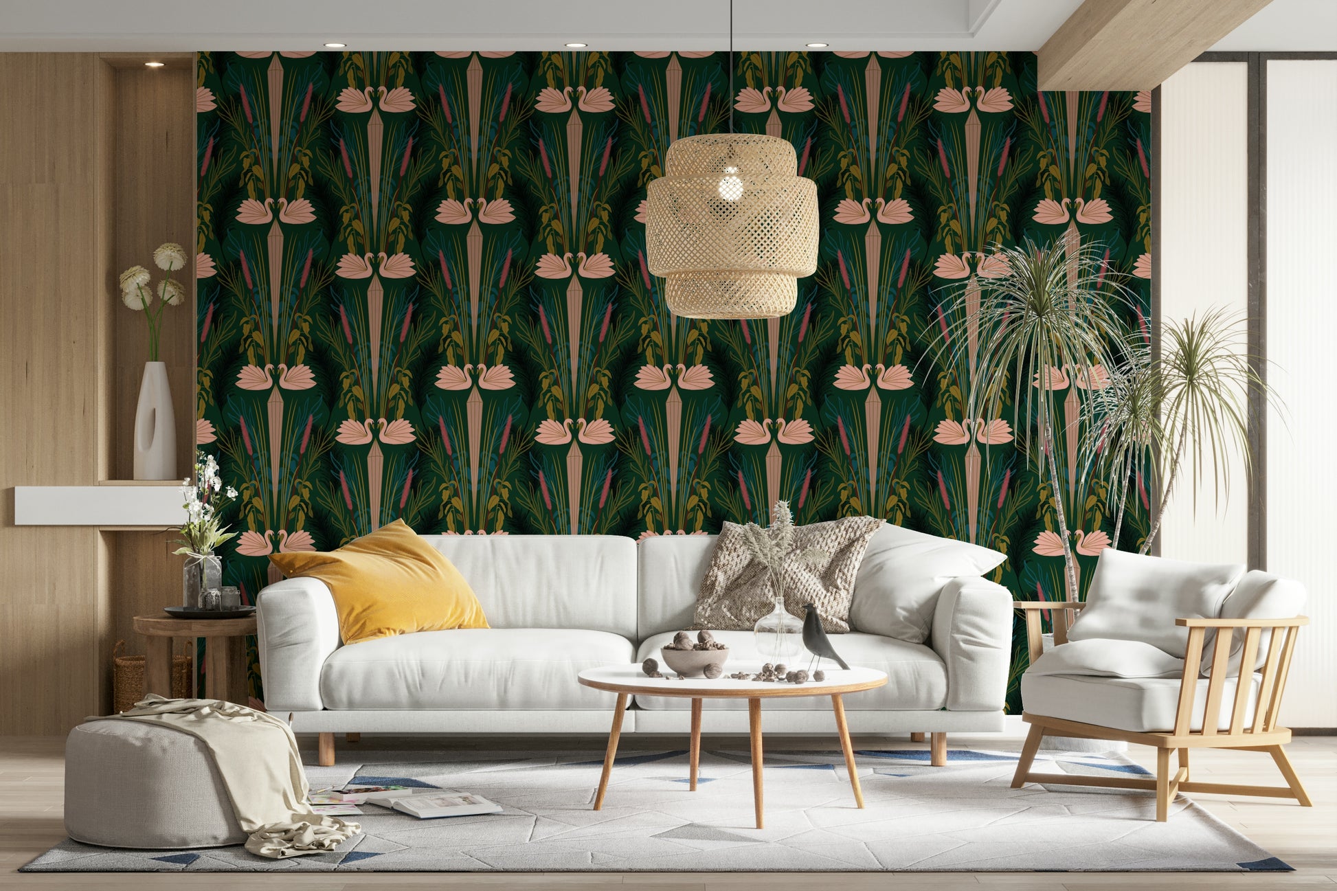Graceful white swans in a stylized wallpaper pattern

