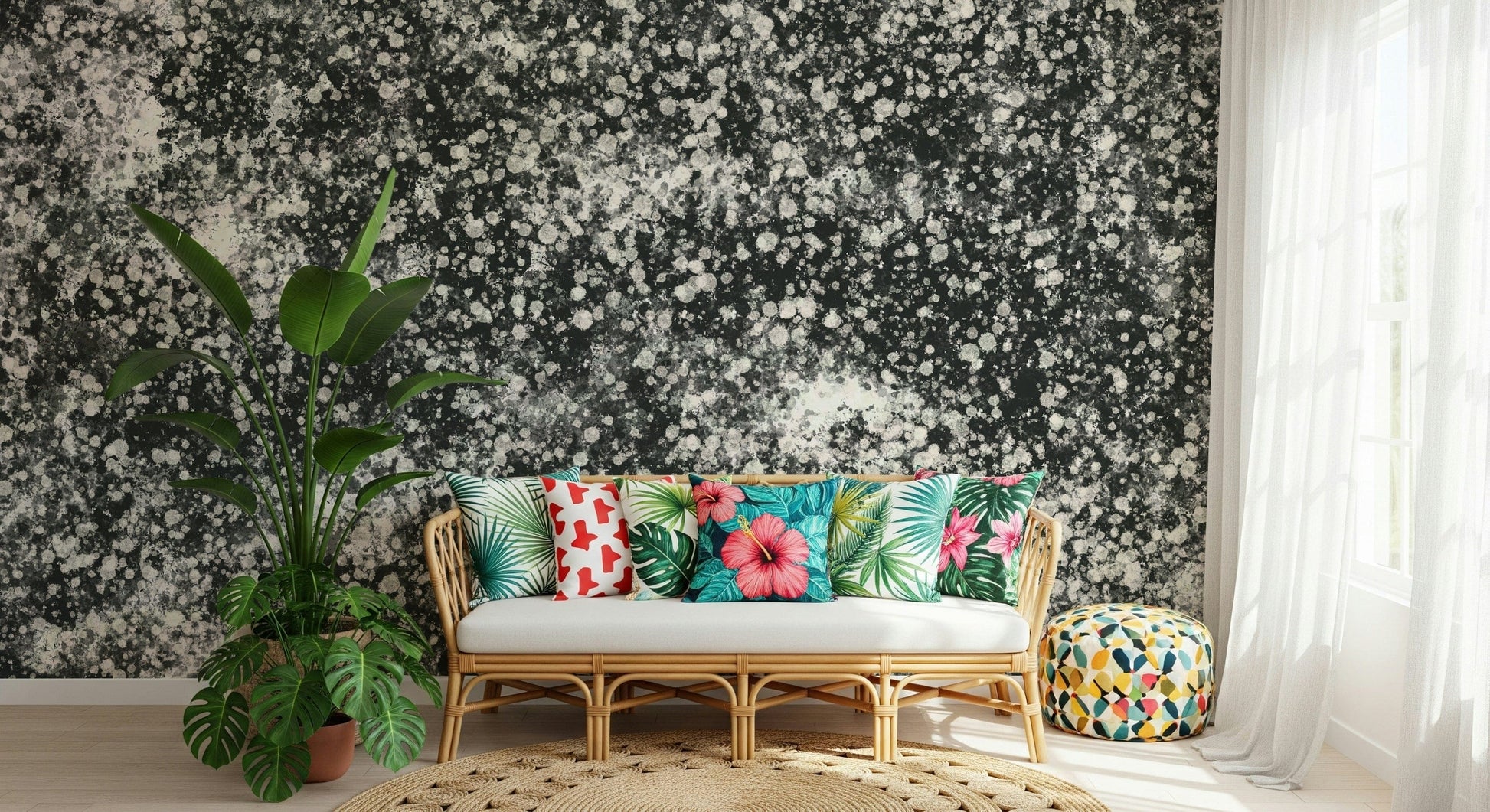 A graceful subtle geometric wall mural in cool, neutral tones.