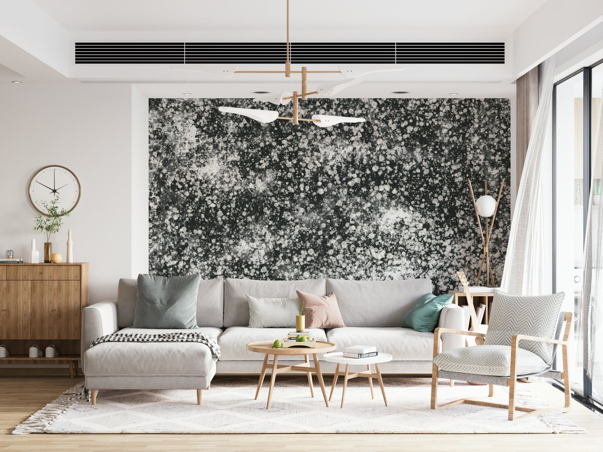 An artistic minimalist dot mural on geometric wallpaper.