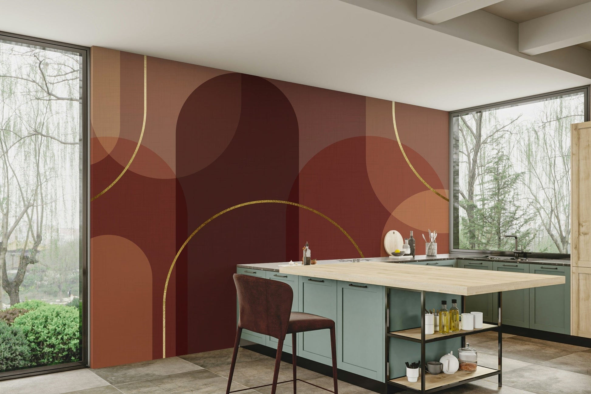 The colors are a soft, muted palette, such as beige, rust, and cream.
