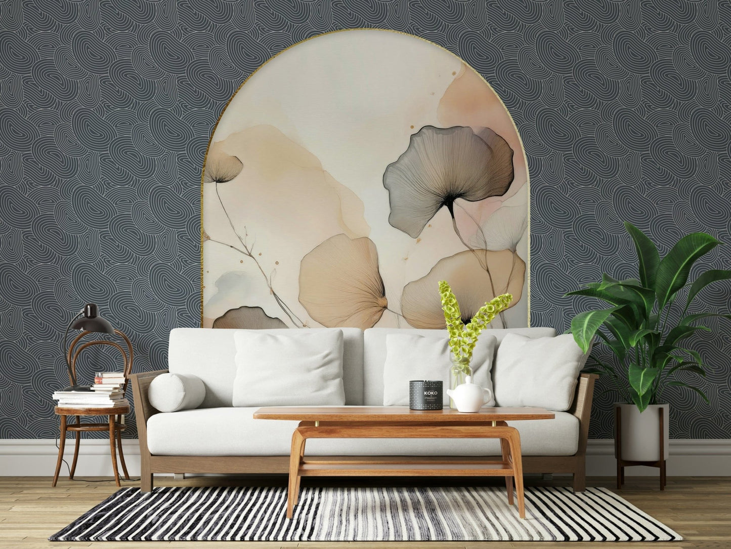 Elegant Floral Archway wallpaper mural on dark patterned wall behind a cream sofa with a striped black and white rug