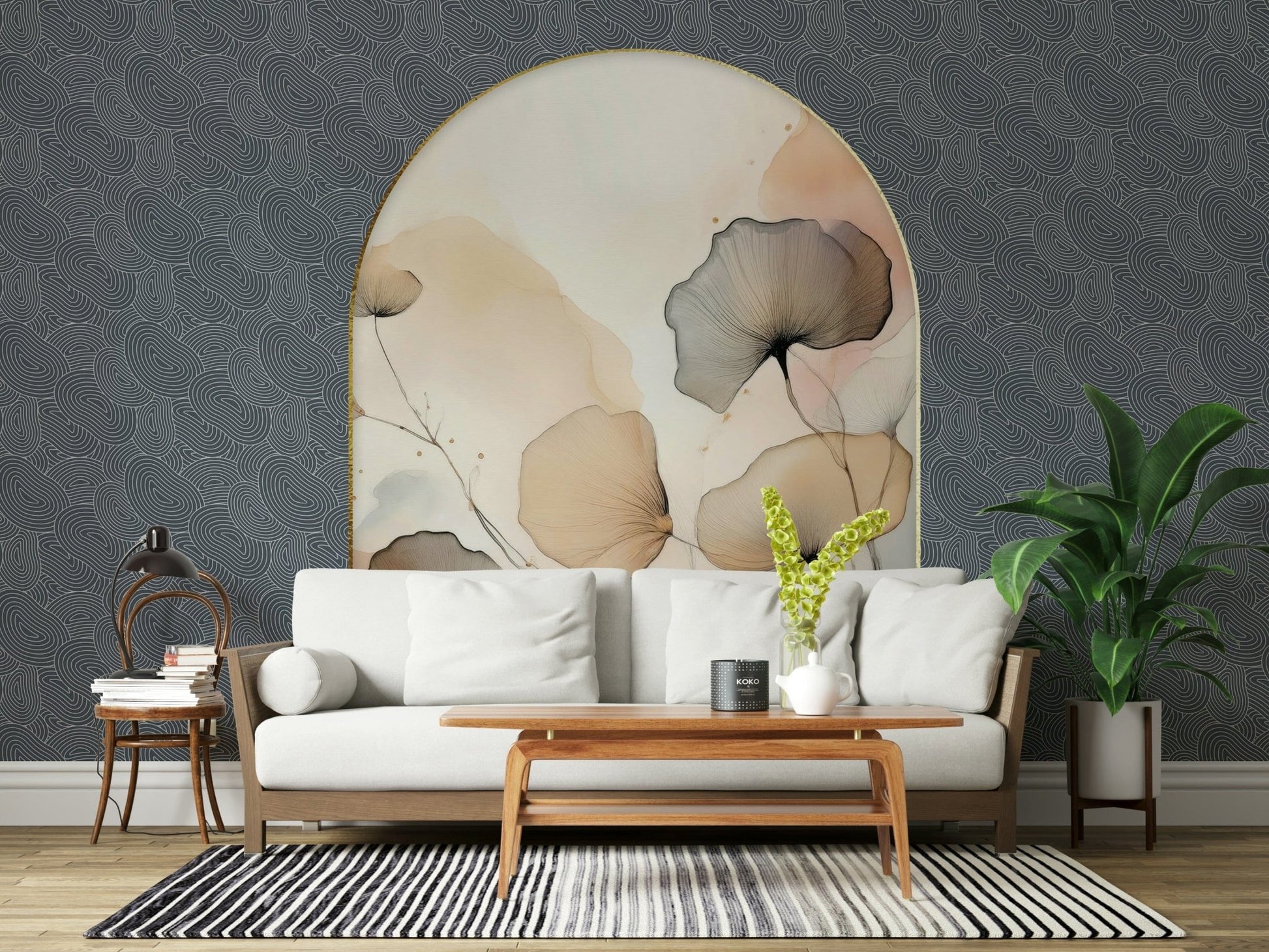 Elegant Floral Archway wallpaper mural on dark patterned wall behind a cream sofa with a striped black and white rug