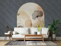 Elegant Floral Archway wallpaper mural on dark patterned wall behind a cream sofa with a striped black and white rug