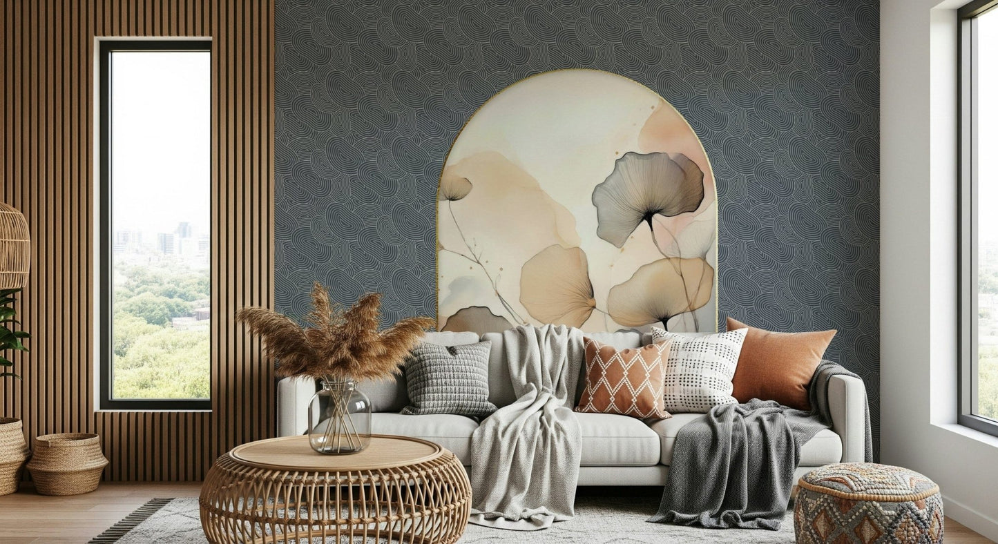 Elegant Floral Archway wallpaper mural on a navy wall behind a grey sofa with wood slats and a city window view