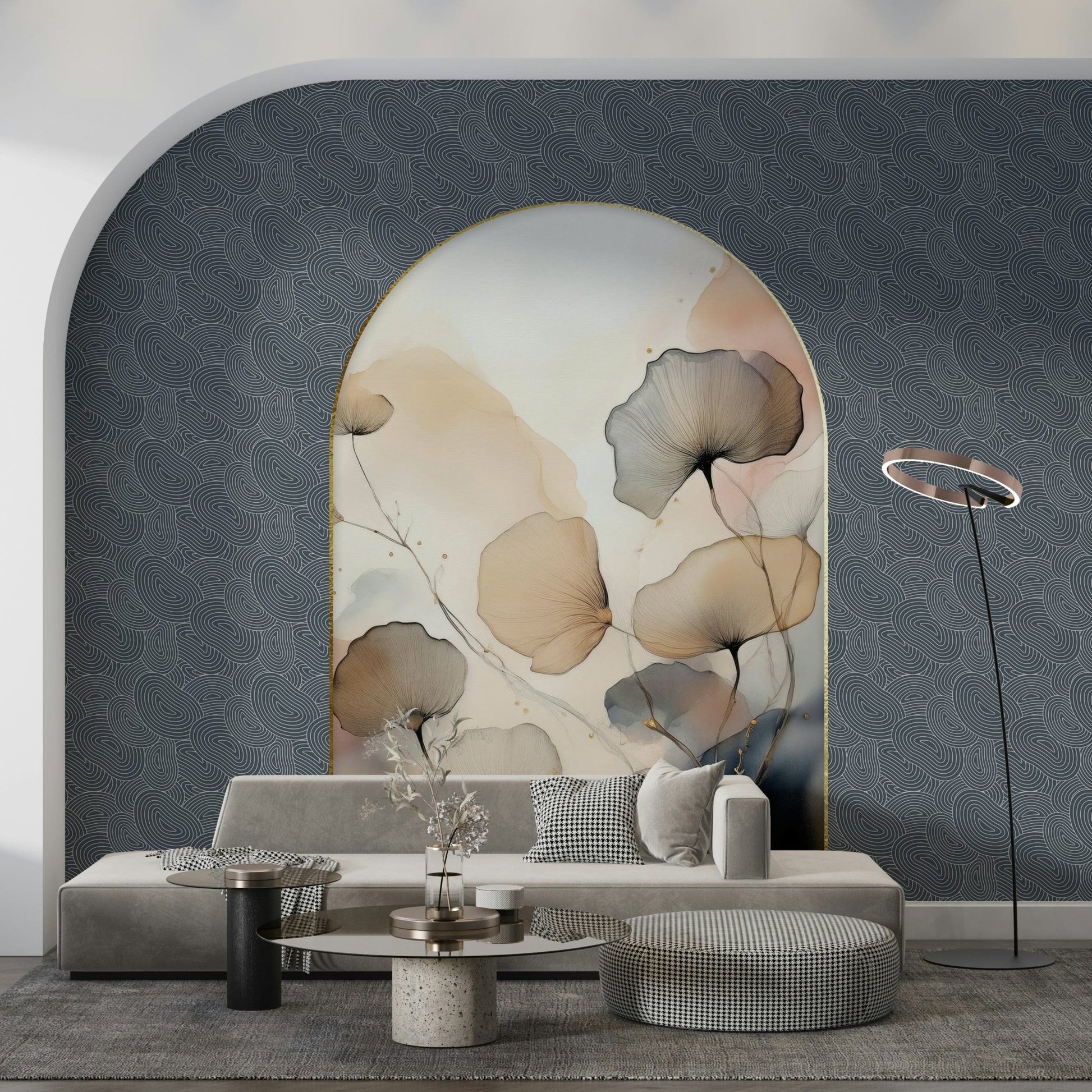 Elegant Floral Archway wallpaper mural with beige ink flowers in a gold arch on navy swirl wall above a grey sofa