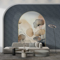 Elegant Floral Archway wallpaper mural with beige ink flowers in a gold arch on navy swirl wall above a grey sofa