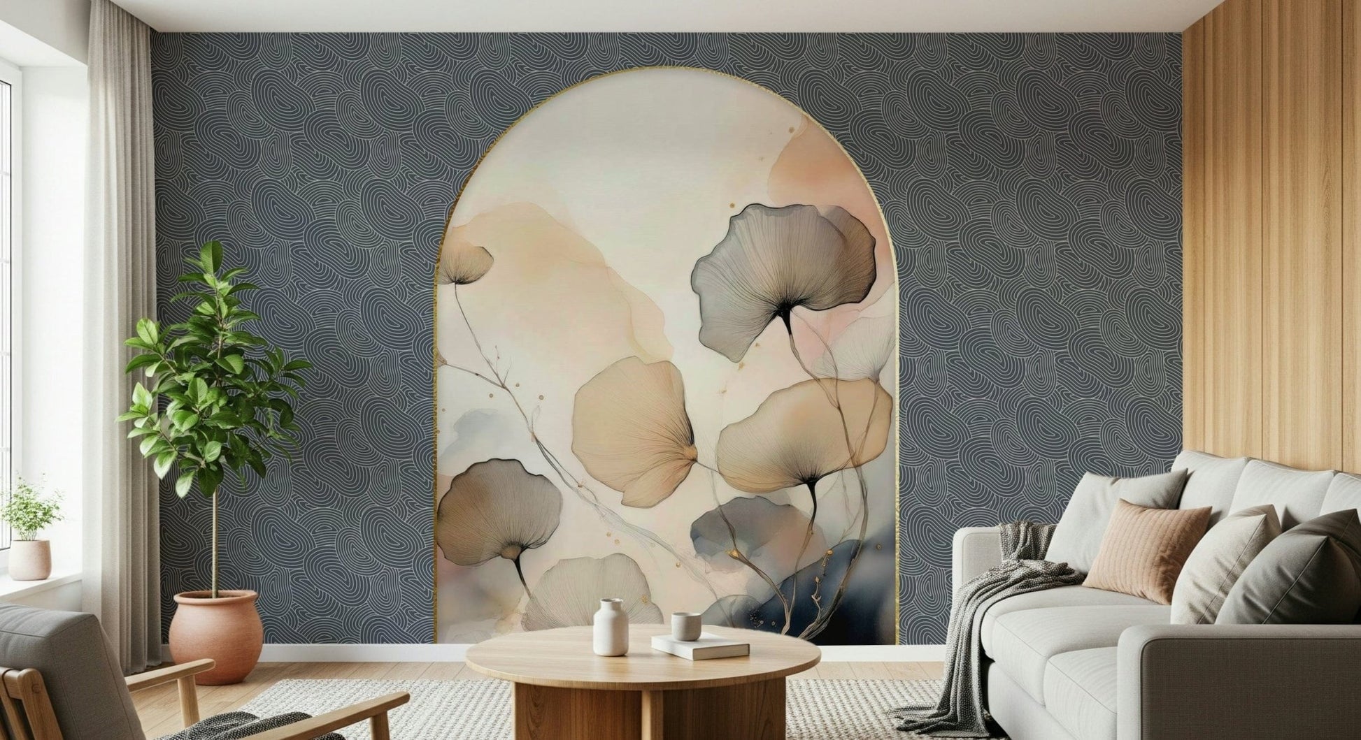 Elegant Floral Archway wallpaper mural on a navy patterned wall behind a grey sofa with a potted fiddle-leaf fig