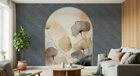 Elegant Floral Archway wallpaper mural on a navy patterned wall behind a grey sofa with a potted fiddle-leaf fig
