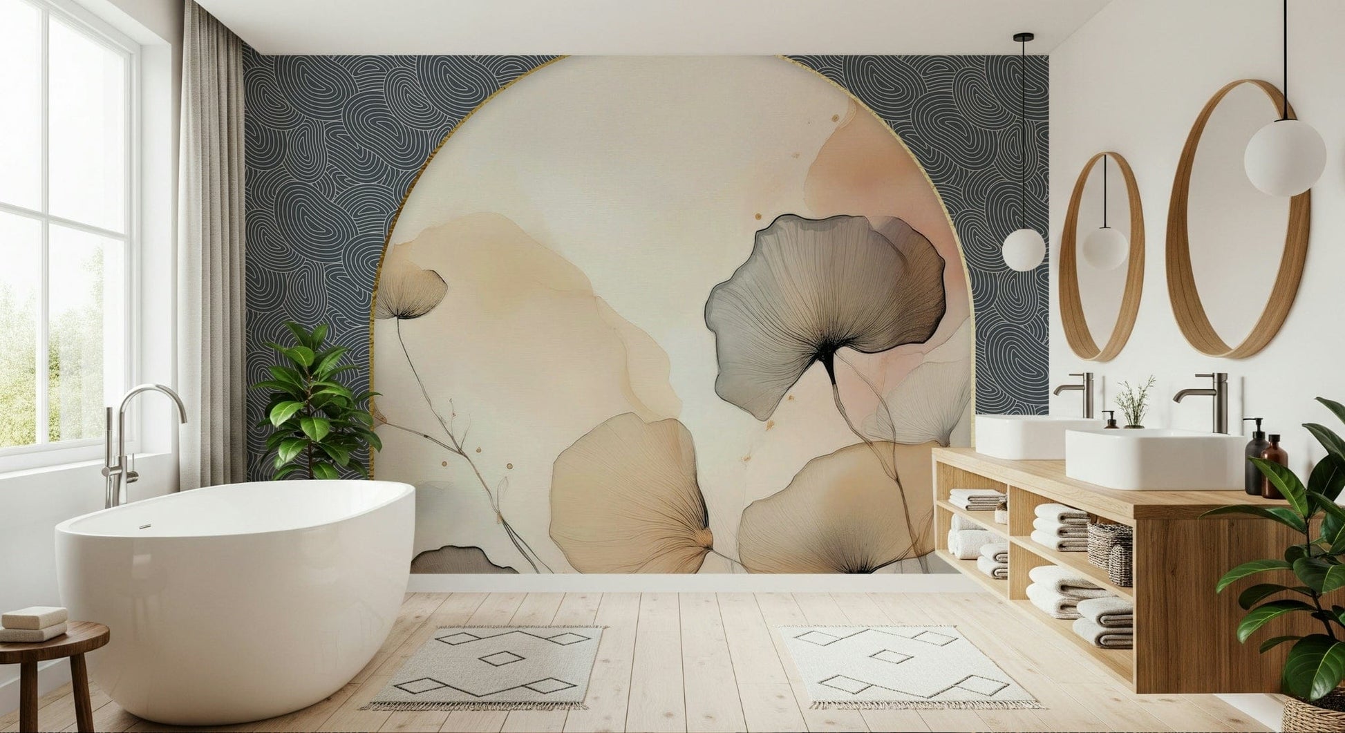 Elegant Floral Archway wallpaper mural of blush ink flowers in a bathroom with freestanding tub and twin oval mirrors