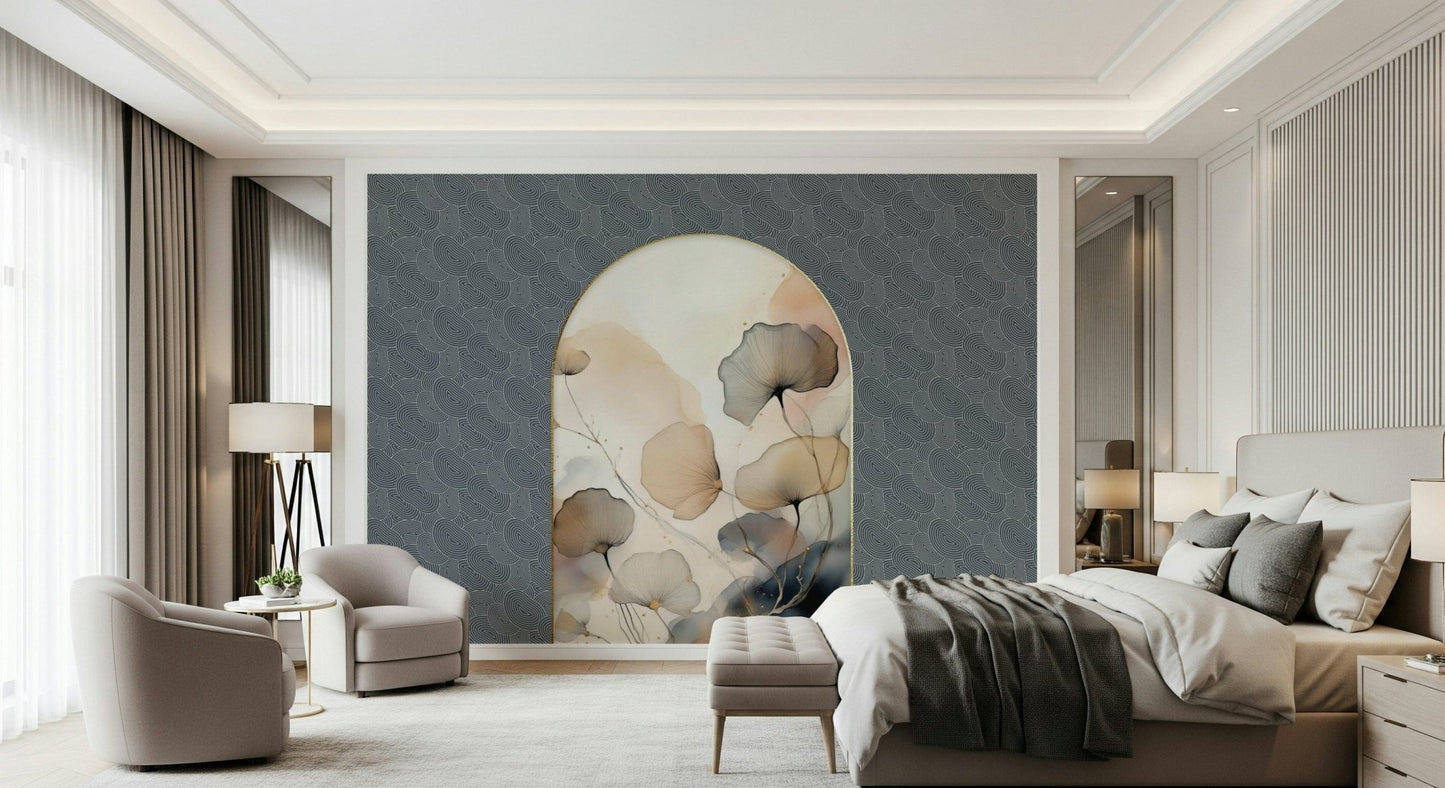 Elegant Floral Archway wallpaper mural in a luxe bedroom with upholstered bed, swivel armchairs and tripod lamp