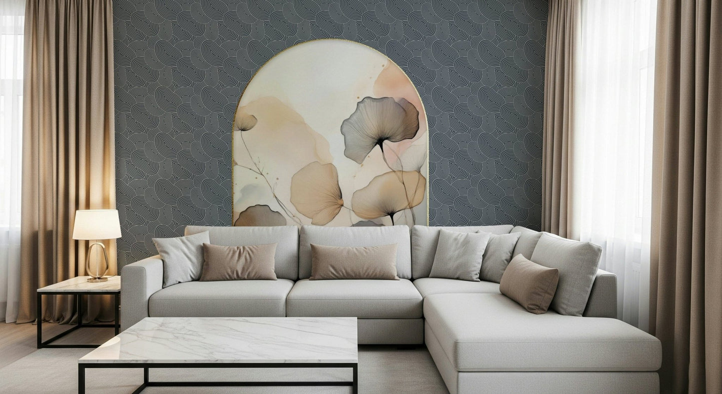 Elegant Floral Archway wallpaper mural on a navy wall behind a grey corner sectional and white marble coffee table
