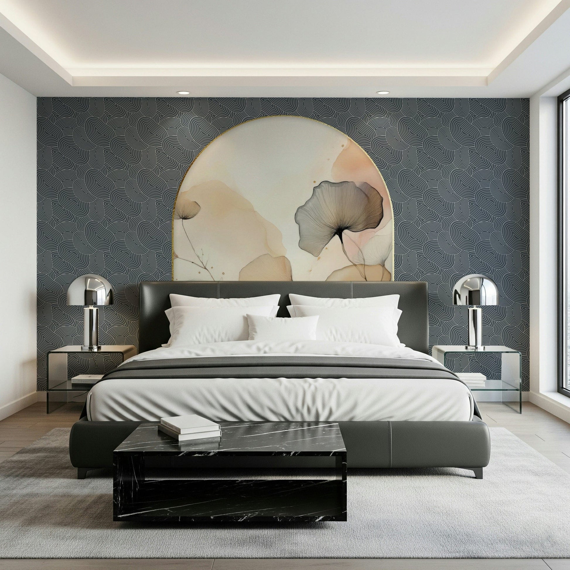Elegant Floral Archway wallpaper mural above a dark leather bed with chrome lamps and a black marble bench