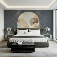 Elegant Floral Archway wallpaper mural above a dark leather bed with chrome lamps and a black marble bench