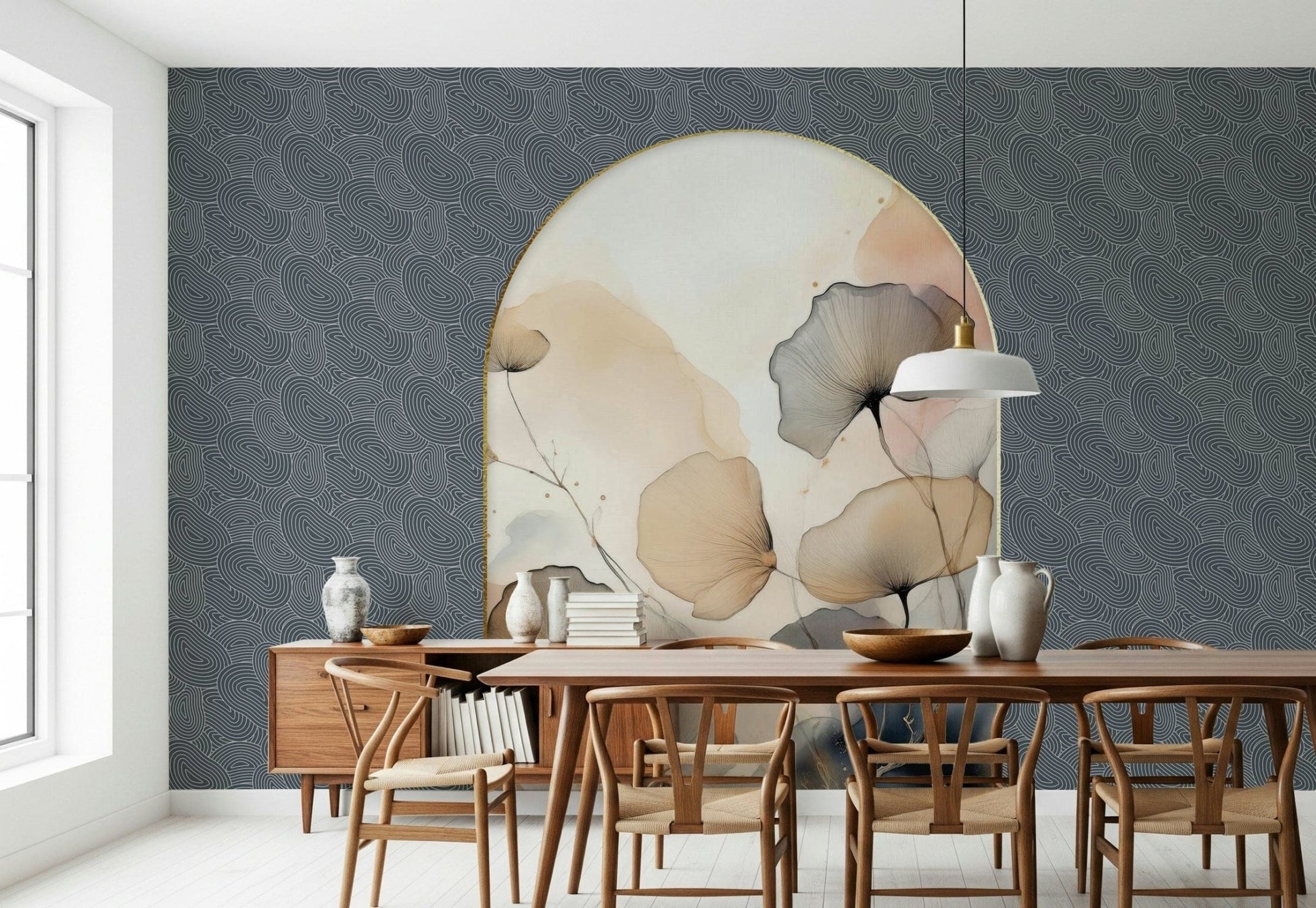 Elegant Floral Archway wallpaper mural behind a wood dining table and wishbone chairs under a white pendant lamp
