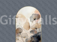 Elegant Floral Archway wallpaper mural shown as a full-wall gold arch of beige ink flowers on navy swirl background
