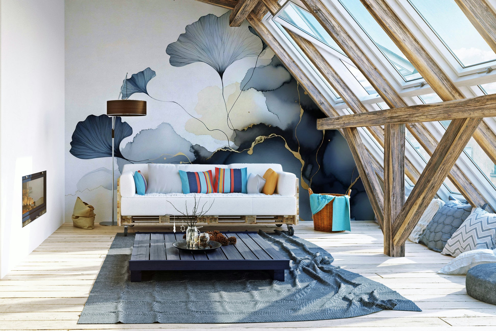 Home office workspace with a calming color palette ginkgo leaf wall design.