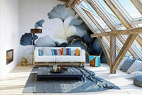 Home office workspace with a calming color palette ginkgo leaf wall design.